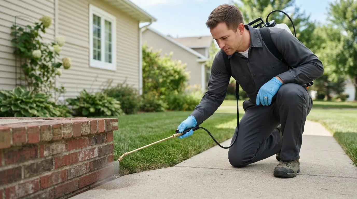 Pest control technician treating a home near Belleville, AR