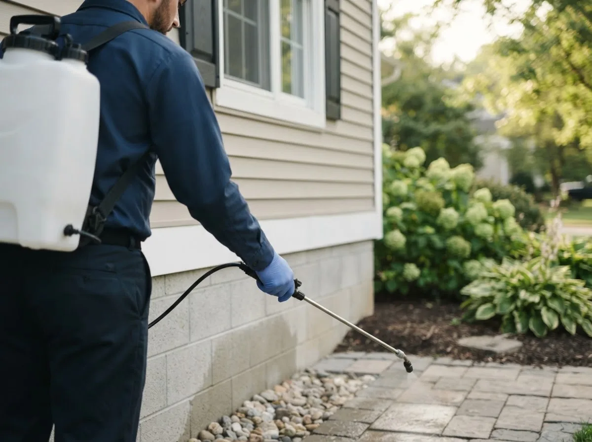 Pest control technician inspecting a home in Belleville, AR